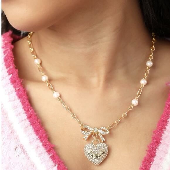 NIB JUICY COUTURE Gold Rhinestone Heart Bow Pearl Pendant Necklace 18”+2” GIFT - Picture 5 of 15